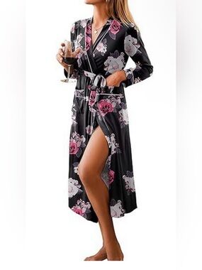Ekouaer Floral Long Robe NWT Black Pink Rose Print Tie Waist Lounge Robe Small